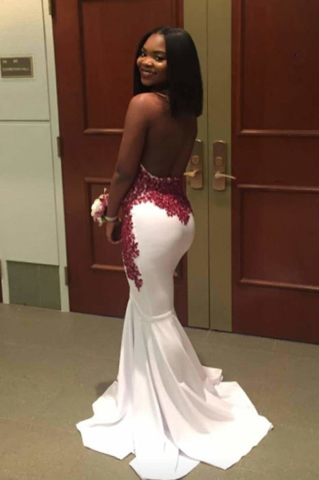 Excellent Halter Sleeveless Open Back Mermaid Prom Dresses with Red Lace Appliques - Prom Dresses