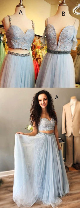 Excellent Marvelous Light Blue Straps Mismatched Lace Tulle Prom Dresses Floor Length Evening Dress with Beads - Prom Dresses