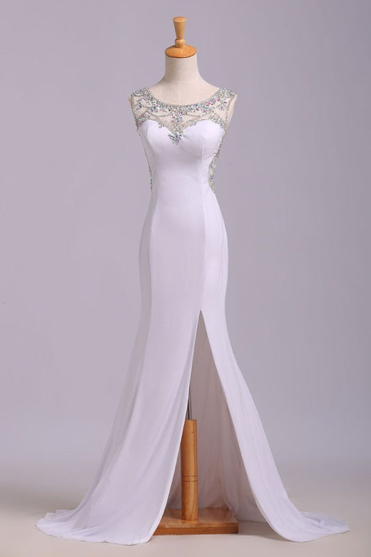 Excellent Excellent Sleek White Mermaid Sleeveless Split Prom Sequins Sweep Train Dress with Rhinestones - Prom Dresses