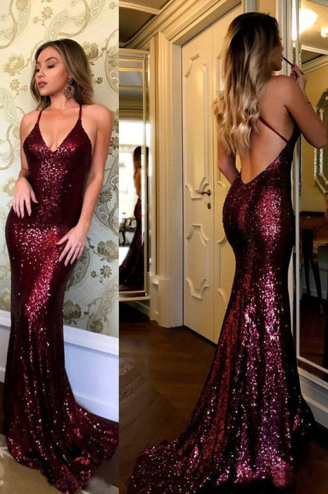 Exquisite Fascinating Attractive Sparkling Burgundy Sequins Mermaid V-neck Sweep Train Party Dress Prom Gown - Prom Dresses