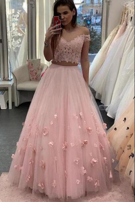 Eye-catching Amazing Two Piece Floor Length Tulle Prom Lace Long Off the Shoulder Dress with Flower - Prom Dresses