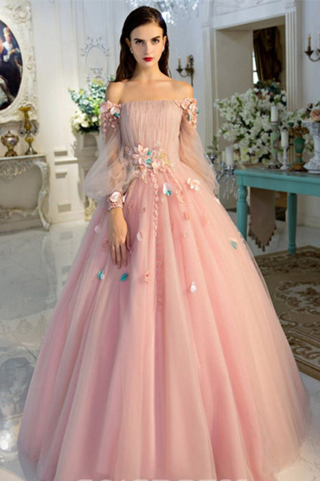 Eye-catching Graceful Fascinating Off-the-Shoulder Long Sleeves Ball Quinceanera With Flowers Prom Dress - Prom Dresses