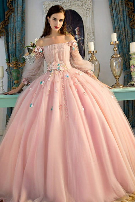 Eye-catching Graceful Fascinating Off-the-Shoulder Long Sleeves Ball Quinceanera With Flowers Prom Dress - Prom Dresses