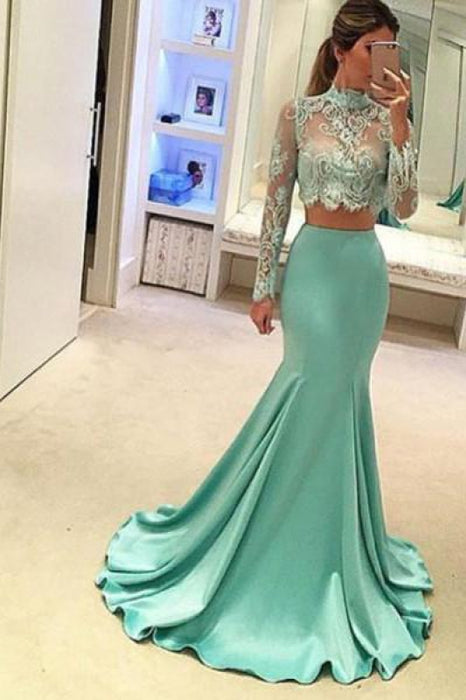 Eye-catching Precious Fascinating Two Pieces High Neck Long Sleeve Lace Prom Dresses Sexy Mermaid Evening Dress - Prom Dresses