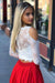 Fabulous Exquisite Precious Two Piece Cold Shoulder Prom Dress with Lace Long Sleeve Red Satin Party Dresses - Prom Dresses