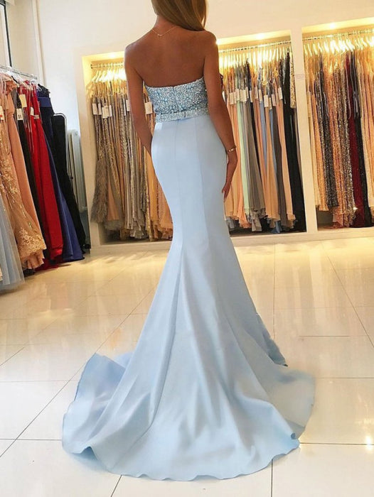 Fabulous Fabulous Eye-catching Light Blue Mermaid Strapless Beading Sleeveless Sweep Train Prom Dresses - Prom Dresses