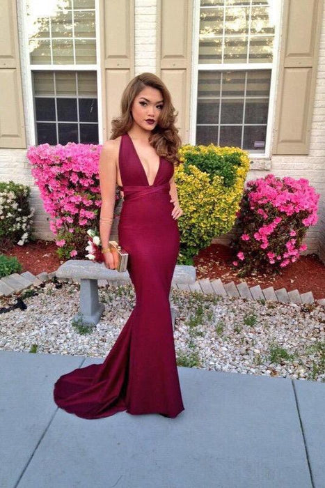 Fascinating Exquisite Marvelous Sexy Burgundy Mermaid Deep V-neck Sleeveless Criss-Cross Straps Prom Dresses - Prom Dresses