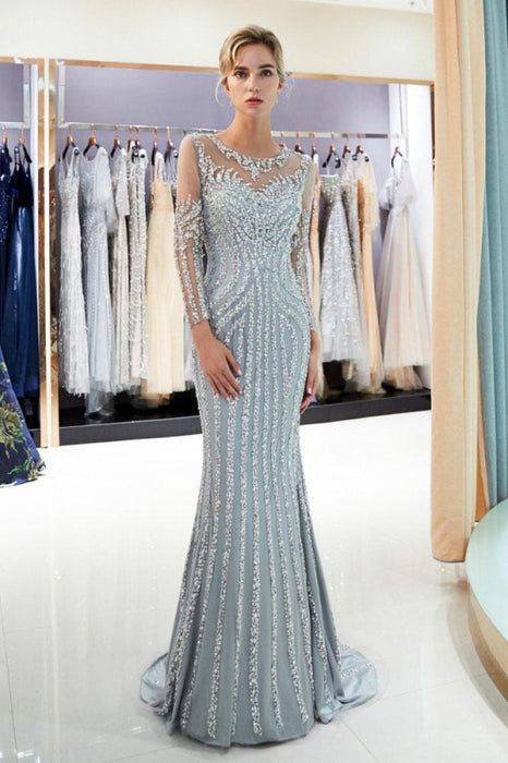 Fascinating Gray Beaded Evening Dresses Luxury Mermaid Crystal Sweep Train Long Sleeves Prom Dress - Prom Dresses