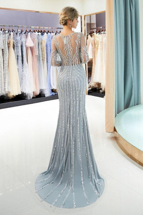 Fascinating Gray Beaded Evening Dresses Luxury Mermaid Crystal Sweep Train Long Sleeves Prom Dress - Prom Dresses