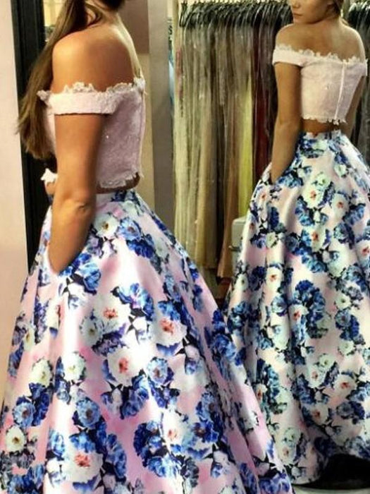 Fascinating Fascinating Two Piece Off the Shoulder Pink Floral Long Prom Gown A-line Formal Dresses with Lace - Prom Dresses