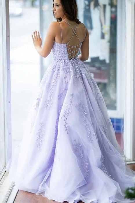 Fashion Criss-Cross Back Lavender Lace Long Prom Dresses, Open Back Lavender Lace Appliqued Formal Evening Dresses 