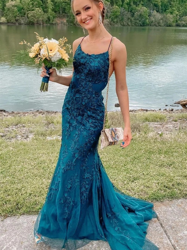 Fashion Teal Lace Tulle Mermaid Backless Long Prom Dresses, Mermaid Teal Lace Formal Dresses, Teal Lace Evening Dresses 