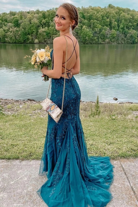 Fashion Teal Lace Tulle Mermaid Backless Long Prom Dresses Mermaid Te Bridelily