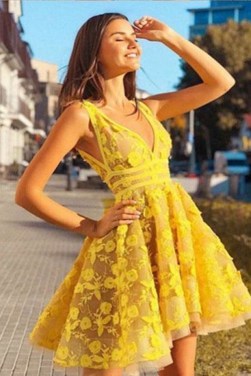 Fashion V neck Yellow Lace Prom A Line Short Homecoming Dress - Prom Dresses