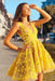 Fashion V neck Yellow Lace Prom A Line Short Homecoming Dress - Prom Dresses
