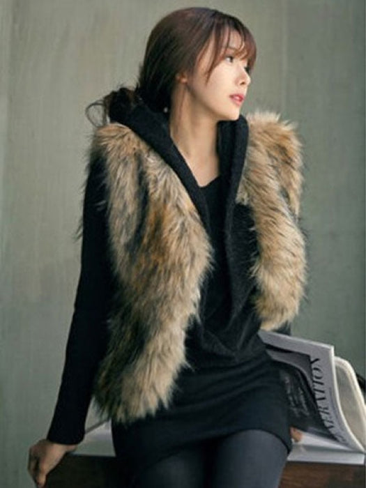 Faux Fur Vest Women Camel Coat Sleeveless Faux Fur Jacket