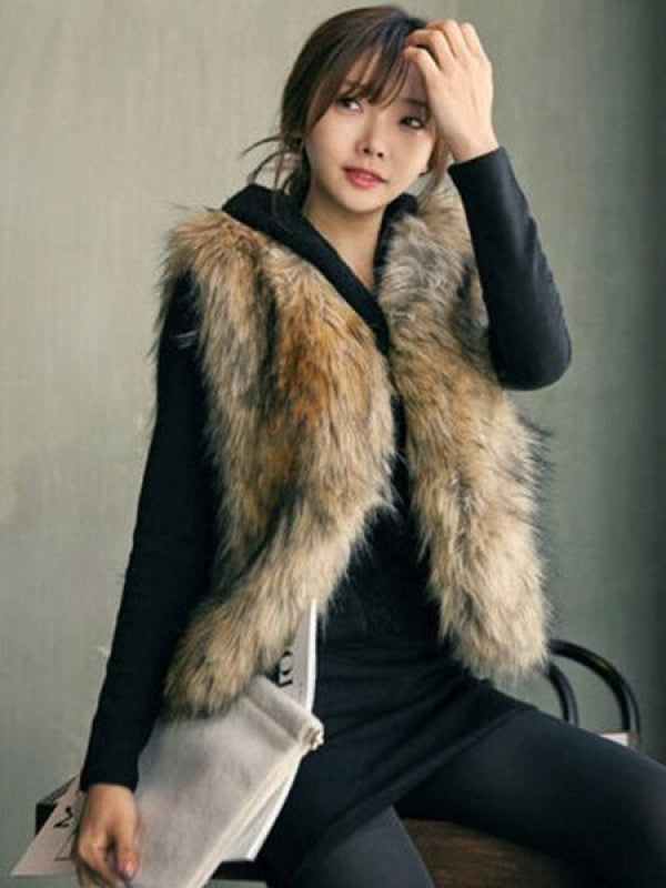 Faux Fur Vest Women Camel Coat Sleeveless Faux Fur Jacket