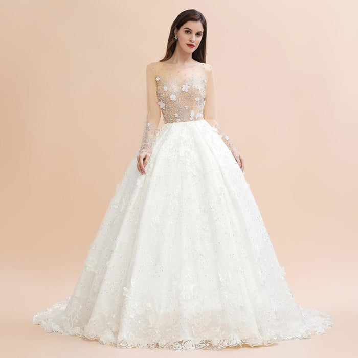 Floral Jewel Crystal Beads Long Sleeve Ball Gown Wedding Dress — Bridelily