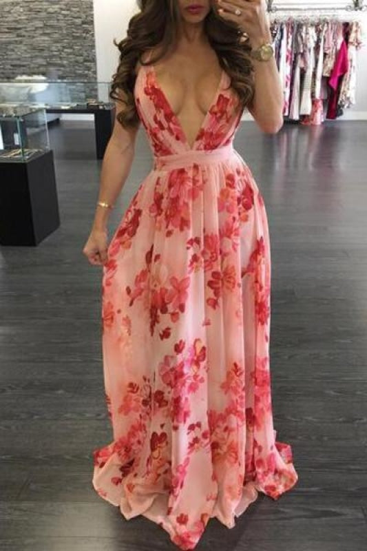 Floral Print Pleated Backless Slip Prom Sexy V Neck Party Dress - Prom Dresses