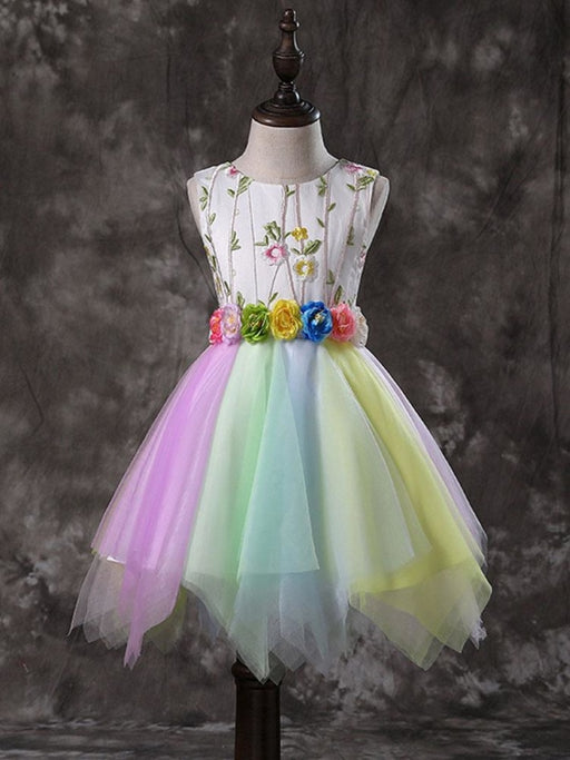 Flower Girl Dresses Jewel Neck Tulle Sleeveless Knee Length Iridescent Flora Sash Princess Silhouette Embroidered Kids Social Party Dresses