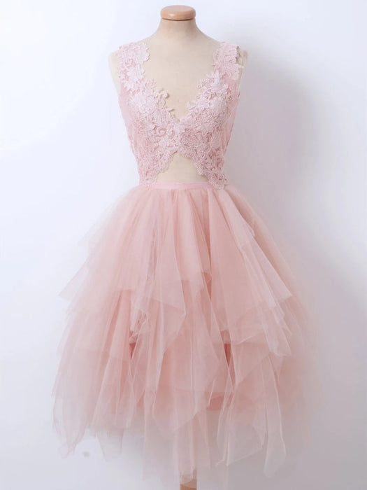 A Line V Neck Short Pink Lace Prom Dresses, Short Pink Lace Formal