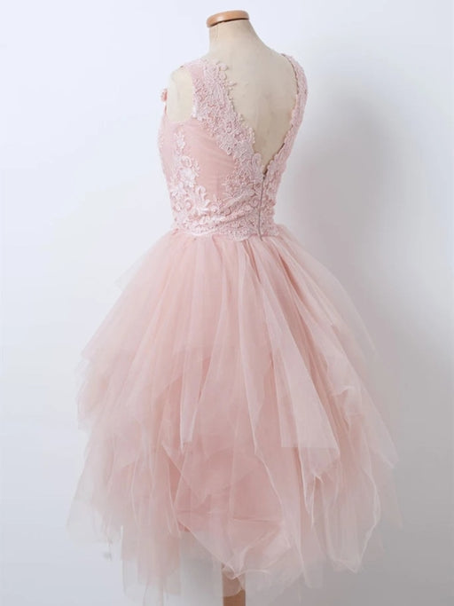 Fluffy V Neck Short Pink Lace Prom Dresses, Pink Lace Formal Graduation Homecoming Dresses