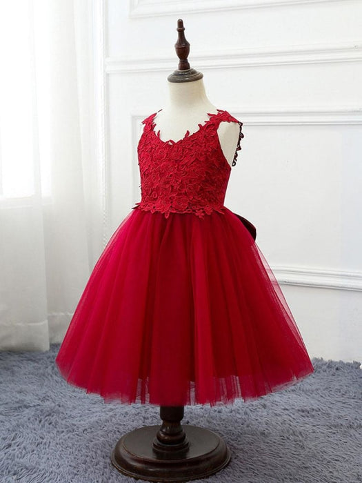 Flower Girl Dresses Jewel Neck Tulle Sleeveless Knee Length Princess Silhouette Bows Formal Kids Party Dresses