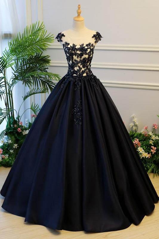 Generous Princess Cap Sleeves Scoop Black Applique Satin Long Prom/Evening Dress - Prom Dresses