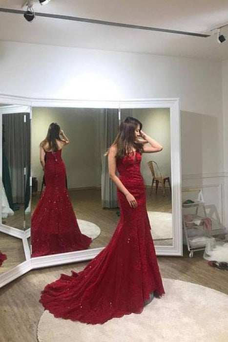 Glorious Fascinating Wonderful Sexy Trumpet Red Strapless Sweep Train Lace Prom Dress Long Formal Gown - Prom Dresses