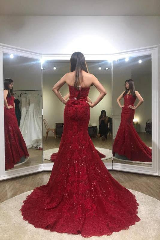 Glorious Fascinating Wonderful Sexy Trumpet Red Strapless Sweep Train Lace Prom Dress Long Formal Gown - Prom Dresses