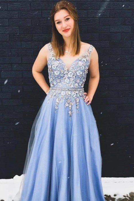 Gorgeous A-Line V Neck Appliques Sleeveless Sky Blue Beading Long Prom Dress - Prom Dresses