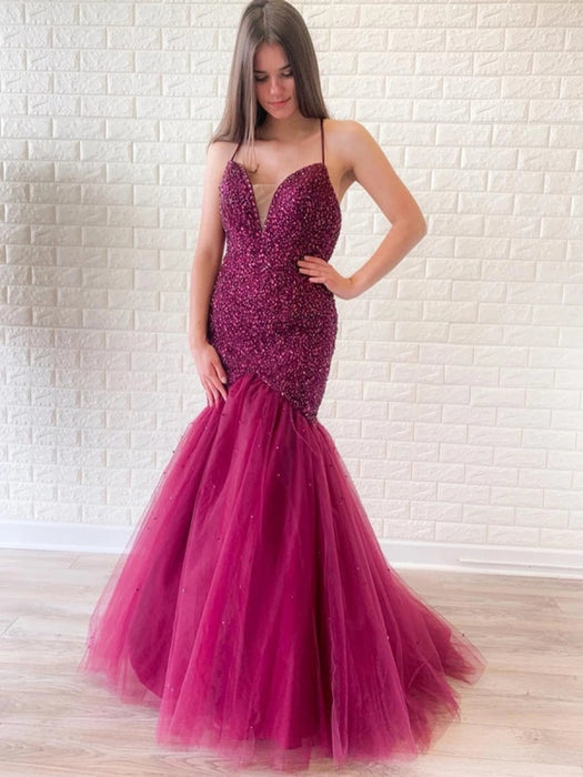 Gorgeous Mermaid V Neck Backless Beaded Purple Prom Dresses, V Neck Mermaid Purple Formal Dresses, Mermaid Purple Evening Dresses