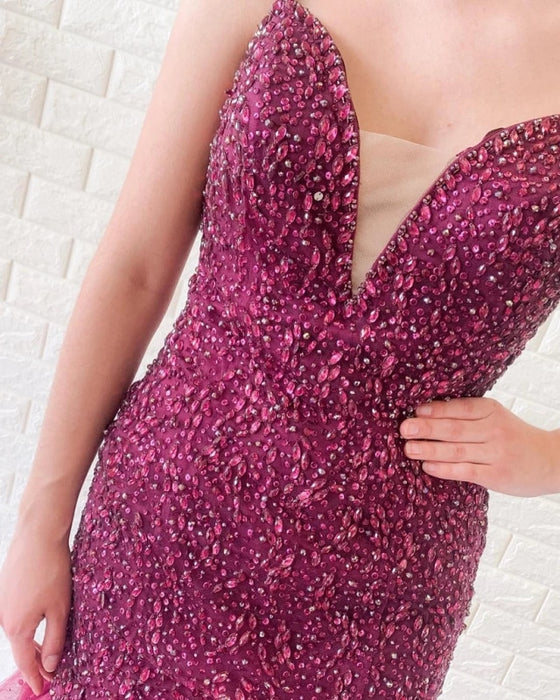 Gorgeous Mermaid V Neck Backless Beaded Purple Prom Dresses, V Neck Mermaid Purple Formal Dresses, Mermaid Purple Evening Dresses