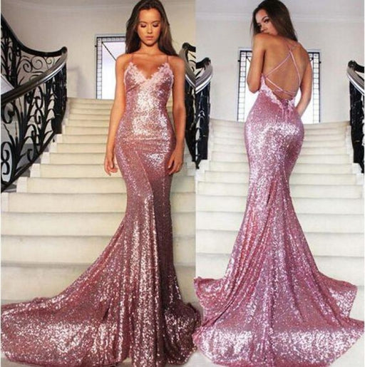 Gorgeous Rose Gold Spaghetti Straps V-neck Mermaid Sequins Sweep Train Prom Dress - Prom Dresses