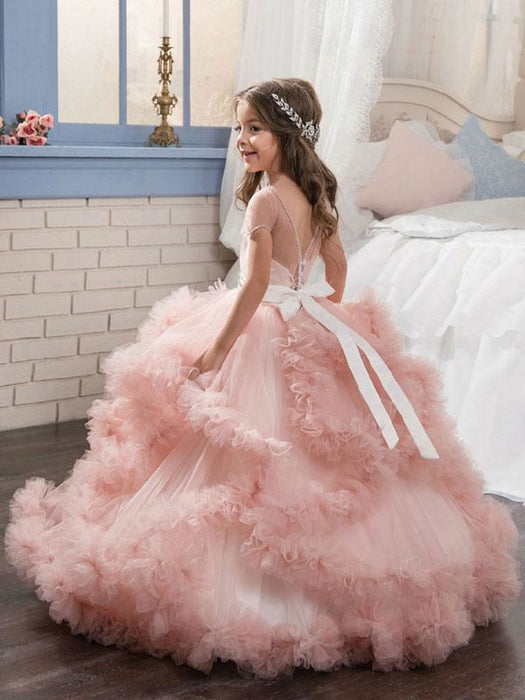 Flower Girl Dresses Jewel Neck Short Sleeves Rhinestones Kids Pageant Dresses