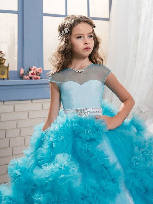 Flower Girl Dresses Jewel Neck Short Sleeves Rhinestones Kids Pageant Dresses