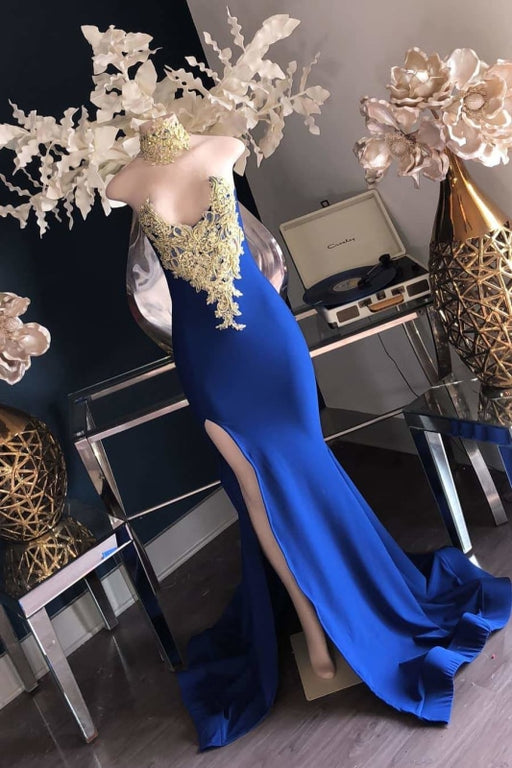 Gorgeous Sleeveless Side Slit Gold Lace Appliques Prom Gown - Prom Dresses