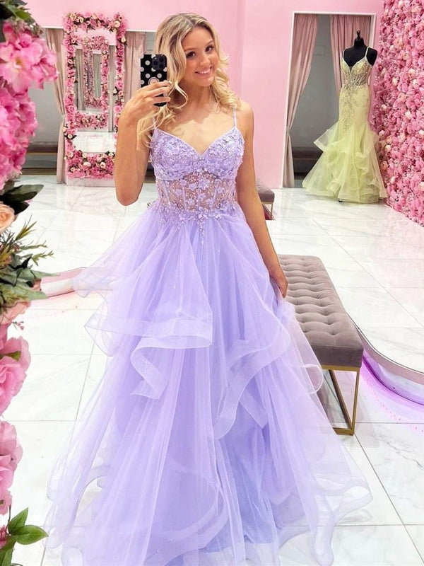 Gorgeous V Neck Beaded Purple Lace Floral Long Prom Dresses