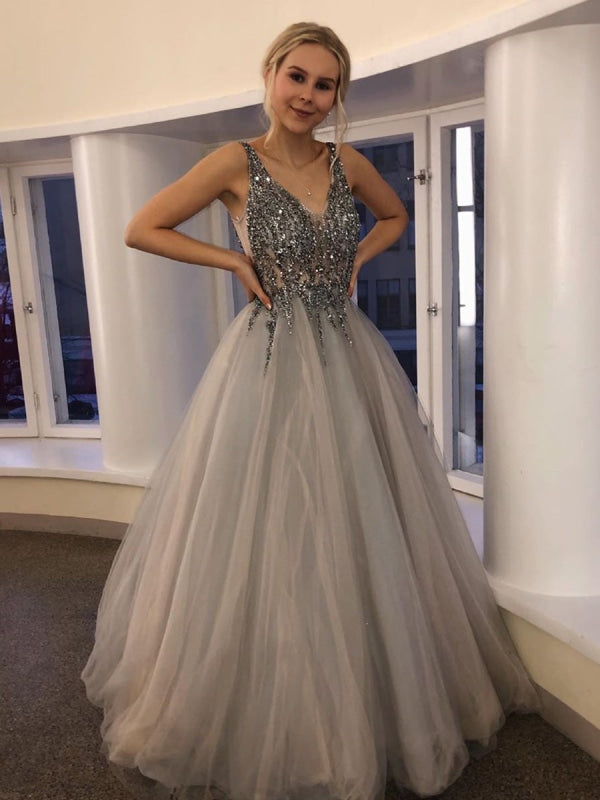 Gorgeous V Neck Beaded Silver Grey Long Prom Dresses, Silver Grey Beaded Formal Graduation Evening Dresses