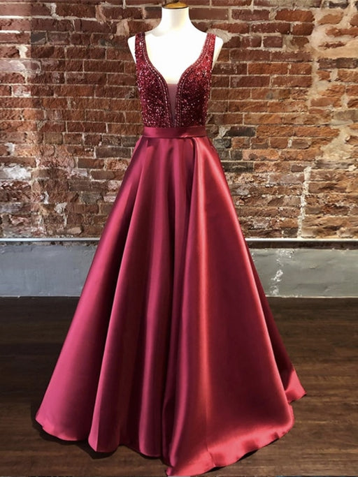 Gorgeous V Neck Burgundy Long Prom Dresses with Beadings, Burgundy Formal Dresses, Evening Dresses