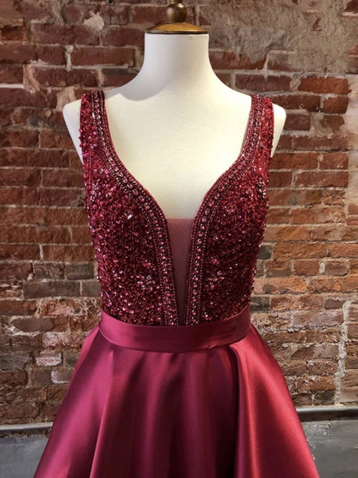 Gorgeous V Neck Burgundy Long Prom Dresses with Beadings, Burgundy Formal Dresses, Evening Dresses