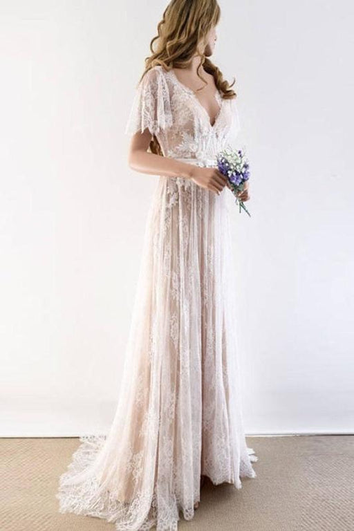 Gorgeous V-Neck Cap Sleeves Lace Wedding Dresses - As Picture / Floor Length - wedding dresses