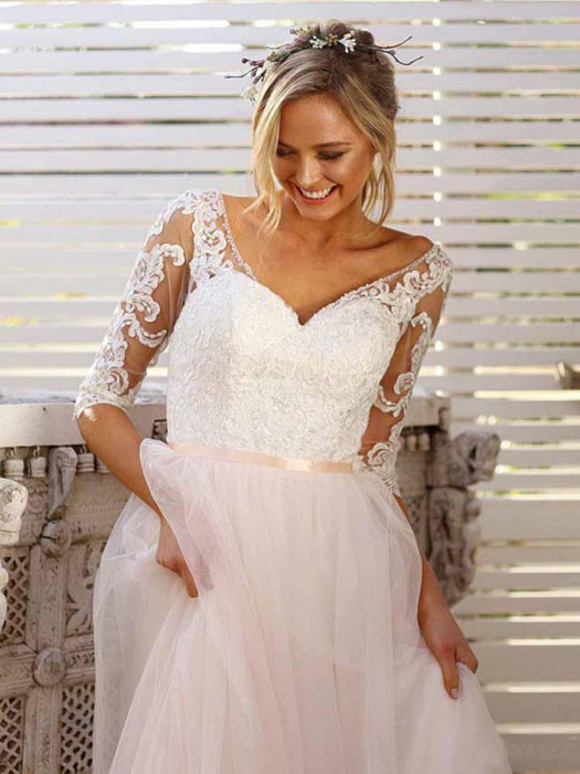 Gorgeous V Neck Long Sleeves Tulle Wedding Dresses - wedding dresses