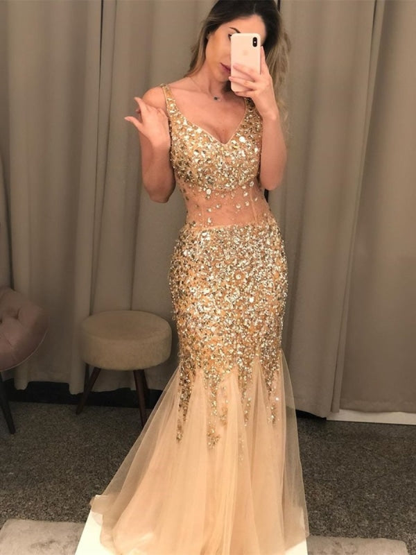 Gorgeous V Neck Mermaid Golden Long Prom Dresses with Rhinestones, Mermadi Golden Formal Dresses, Golden Evening Dresses