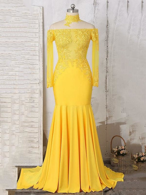 Gorgeous Yellow Long Sleeves Off-shoulder Floor Length Appliqued Prom Dresses - Prom Dresses