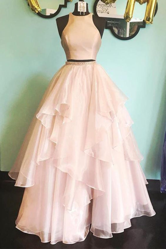 Graceful Attractive A-line Two Piece Peach Pink Jewel Sleeveless Open Back Floor-length Prom Dress - Prom Dresses