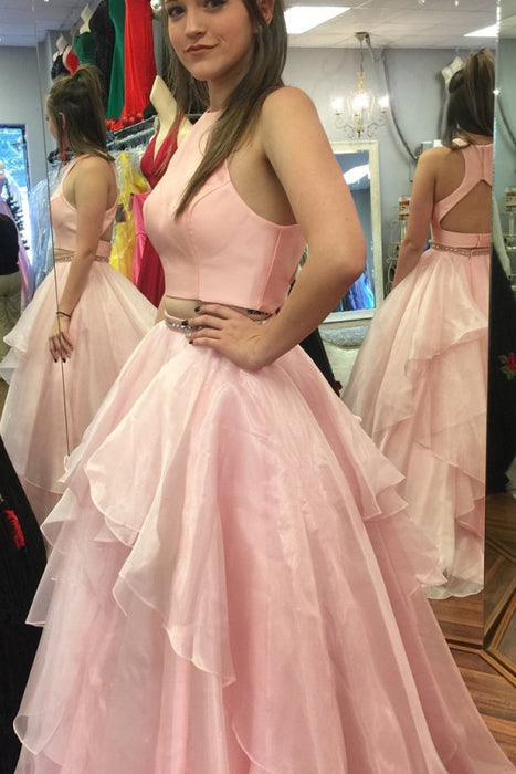 Graceful Attractive A-line Two Piece Peach Pink Jewel Sleeveless Open Back Floor-length Prom Dress - Prom Dresses