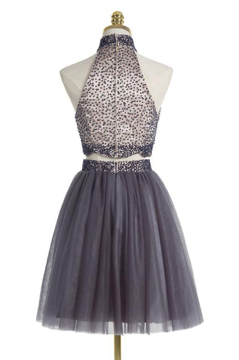 Graceful Chic Two piece High Neck Gray Beading Homecoming Dresses - Prom Dresses