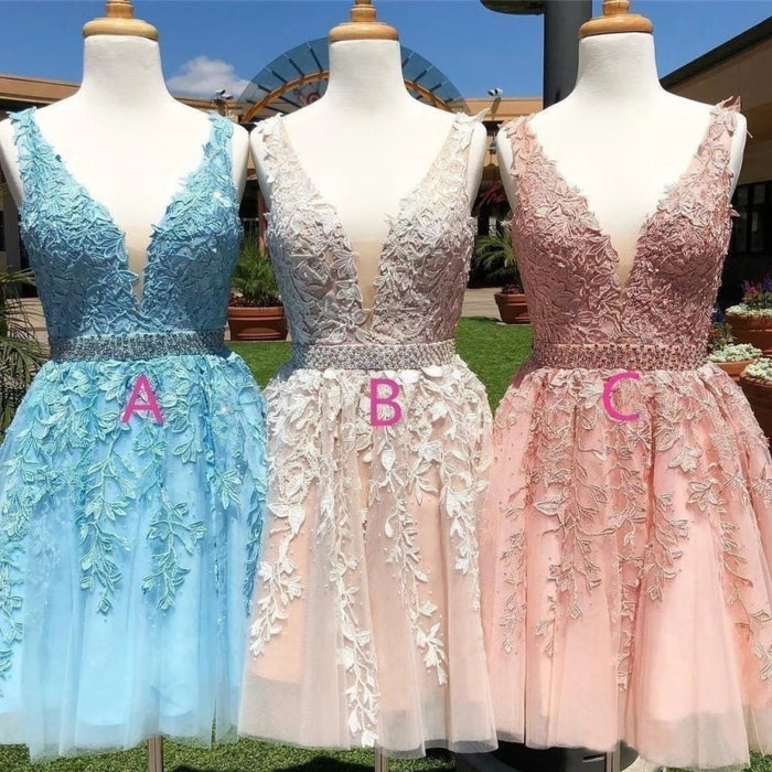 Lovely Sky Blue V-Neck Applique Short Homecoming Dresses, SW0079 –  sweetbridals