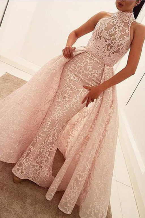 Graceful Excellent Amazing Unique Mermaid High Neck Sleeveless Sweep Train Pearl Pink Lace Prom Dress - Prom Dresses
